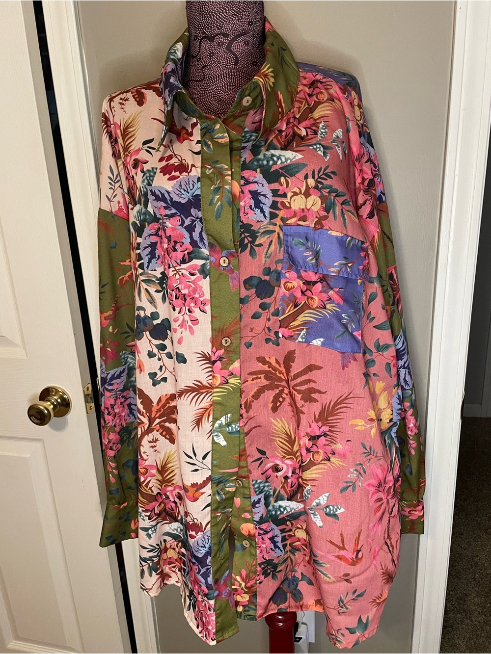 Goodtime USA Floral Patchwork boho Button-Up Shirt in Pink and Olive SIZE 3X